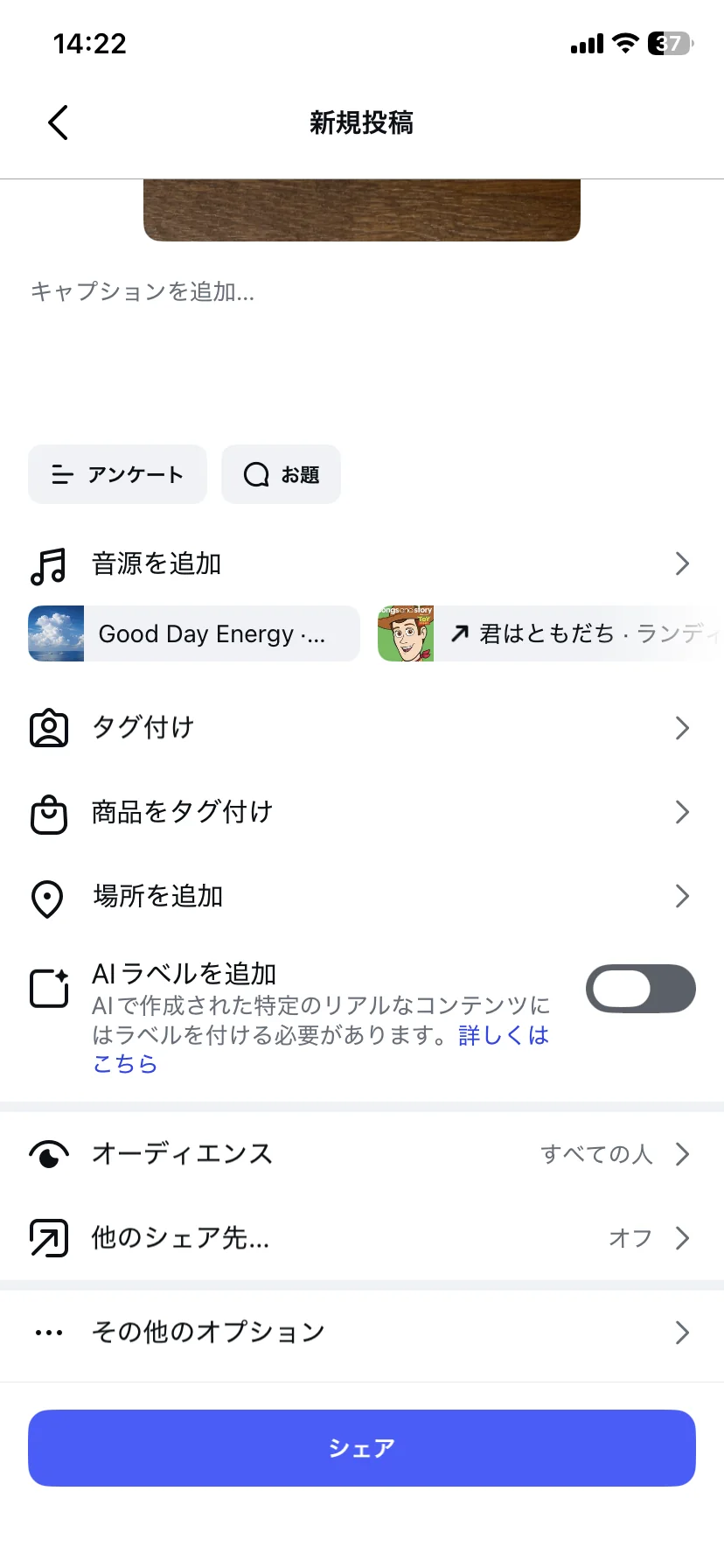Instagram新規投稿画面のその他のオプション